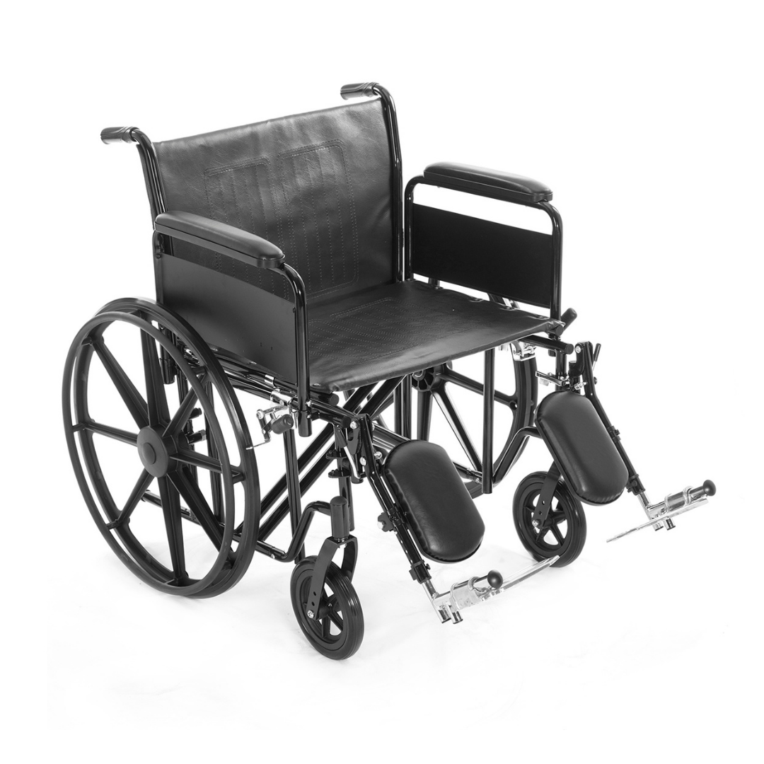 The Proactive Medical Titus K7 Bariatric Wheelchair is black, extra-wide, with large rear wheels, padded armrests, and dual footrests—engineered for heavy-duty use and optimal comfort.